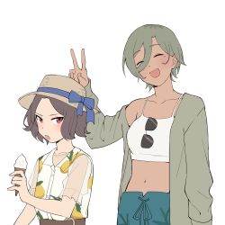  2girls absurdres belt blue_bow blush bow breasts brown_belt brown_hair brown_hat brown_jacket camisole closed_eyes commentary cowboy_shot crop_top earrings ebizuka_tomo girls_band_cry grey_hair hand_up hashtag-only_commentary hat hat_bow highres holding holding_ice_cream_cone ice_cream_cone jacket jewelry lemon_print long_hair long_sleeves medium_breasts midriff mole mole_under_eye multiple_girls navel oerba_yun_fang open_clothes open_jacket open_mouth r_bishh red_eyes rupa_(girls_band_cry) see-through see-through_sleeves shirt short_hair short_sleeves single_off_shoulder spaghetti_strap stud_earrings sunglasses unworn_eyewear v white_camisole white_shirt 