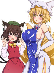  2girls adapted_costume animal_ears blonde_hair blue_tabard bow bowtie breasts brown_eyes brown_hair cat_ears cat_tail chen claw_pose commentary_request dress fox_tail green_hat hair_between_eyes hands_up hat highres large_breasts long_sleeves looking_at_viewer mob_cap multiple_girls multiple_tails nekomata open_mouth puffy_long_sleeves puffy_sleeves red_skirt red_vest rimasu71 short_hair sideboob simple_background skirt skirt_set small_breasts tabard tail touhou two_tails v-shaped_eyebrows vest white_background white_dress white_hat yakumo_ran yellow_bow yellow_bowtie 