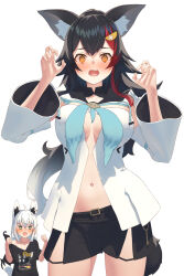  2girls @_@ ahoge alternate_costume animal_ear_fluff animal_ear_piercing animal_ears aqua_eyes bare_shoulders belt black_belt black_hair black_shorts black_tail blue_neckerchief blush breasts cheering claw_pose cleavage colored_tips cosplay cowboy_shot crossed_bangs detached_sleeves double-parted_bangs earrings extra_ears fangs fox_ears fox_girl fox_tail front_slit hair_between_eyes hair_ornament hairclip highres hololive hood hoodie jewelry key large_breasts long_hair looking_at_viewer low-tied_long_hair multicolored_hair multicolored_tail multiple_girls navel neckerchief nejima_kitsune_(shirakami_fubuki) ookami_mio open_mouth pentagram ponytail red_hair sailor_collar shirai_yu shirakami_fubuki shirakami_fubuki_(1st_costume) shirakami_fubuki_(cosplay) shirakami_fubuki_(loungewear) shirt short_shorts shorts sidelocks simple_background single_earring star-shaped_pupils star_(symbol) streaked_hair symbol-shaped_pupils t-shirt tail tail_around_own_leg upper_body virtual_youtuber white_background white_hair white_hoodie white_tail wide_sleeves wolf_ears wolf_girl wolf_tail yellow_eyes 