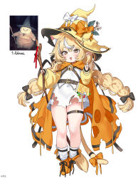  animal_ears blonde_hair boots bow cat_ears cat_girl cat_tail cloak covered_navel dress feline hat haze_(ohw8g) highres holding holding_wand hood hooded_cloak humanization long_hair long_sleeves looking_at_viewer multicolored_hair open_mouth orange_cloak orange_footwear original photo-referenced smile solo tail tail_bow tail_ornament wand white_dress white_hair wizard wizard_hat 