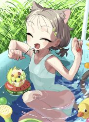  :d animal_ears bare_arms bare_legs bare_shoulders blush bouen cat_ears cat_girl cat_tail cherry closed_eyes day dot_nose eating elbow_rest fangs female food food-themed_hair_ornament forehead fruit fruit_hair_ornament grass hair_ornament hands_up happy highres holding holding_food holding_spoon kiwi_hair_ornament light_brown_hair medium_hair one-piece_swimsuit original outdoors partially_submerged rubber_duck short_ponytail sitting smile solo spoon swimsuit tail wading_pool white_one-piece_swimsuit 