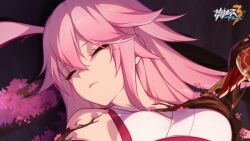  animal_ears breasts cherry_blossoms close-up closed_eyes closed_mouth female fox_ears fox_mask highres honkai_(series) honkai_impact_3rd japanese_clothes katana kimono long_hair mask medium_breasts nontraditional_miko official_art pink_hair short_kimono solo sword thighhighs tree weapon white_kimono yae_sakura yae_sakura_(gyakushinn_miko) 