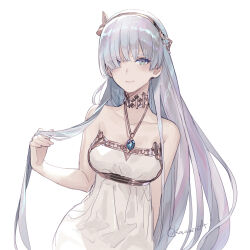  absurdres amulet anastasia_(fate) arm_behind_back breasts casual closed_mouth commentary_request dress fate/grand_order fate_(series) female grey_eyes grey_hair hair_over_one_eye hairband highres jewelry light_smile long_hair medium_breasts necklace pota_(bluegutty) simple_background solo strapless strapless_dress very_long_hair white_dress 