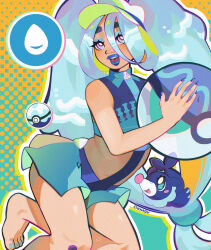  artist_name ball blue_eyes blue_eyeshadow blue_hair blue_lips blue_nails blue_shirt bodystocking character_request cinnabu colored_inner_hair cropped_shirt crossover eyeshadow female flat_chest green_shorts hair_between_eyes hatsune_miku highres holding holding_ball long_hair looking_at_viewer low-tied_long_hair makeup multicolored_hair open_mouth orange_hair poke_ball pokemon pokemon_(creature) shirt shorts smile solo thick_eyebrows twintails very_long_hair vocaloid 