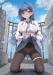  @_@ absurdres azur_lane bell_(azur_lane) black_pantyhose blue_eyes blue_hair blue_skirt blue_sky blush breasts butterfly_hair_ornament chain-link_fence classic_(zildjian33) closed_mouth cloud cloudy_sky commentary_request day embarrassed female fence hair_ornament highres large_breasts long_hair long_sleeves looking_at_viewer mixed-language_commentary nose_blush paid_reward_available panties panties_under_pantyhose pantyhose rooftop shirt sideboob sideboob_cutout skirt skirt_hold sky solo thigh_strap underwear white_shirt 