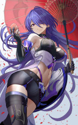  absurdres acheron_(honkai:_star_rail) bandaged_arm bandaged_leg bandages bare_shoulders belt black_belt black_choker black_gloves black_shirt black_shorts boots breasts choker cleavage coat commentary crop_top diamond-shaped_pupils diamond_(shape) eating eyes_visible_through_hair female food fruit gloves hair_over_one_eye highres holding holding_food holding_fruit holding_umbrella honkai:_star_rail honkai_(series) large_breasts long_hair looking_at_viewer midriff navel oil-paper_umbrella peach purple_eyes purple_hair shirt shorts silvertsuki single_thigh_boot single_wide_sleeve solo symbol-shaped_pupils thigh_boots thighs umbrella very_long_hair white_coat 