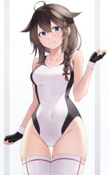  absurdres ahoge beisaku_bei blue_eyes blush braid breasts brown_hair competition_swimsuit female hair_flaps hair_ornament hair_over_shoulder hair_ribbon highres kantai_collection long_hair looking_at_viewer one-piece_swimsuit ribbon shigure_(kancolle) shigure_kai_ni_(kancolle) single_braid smile swimsuit thighhighs two-tone_swimsuit white_one-piece_swimsuit white_thighhighs 