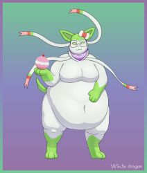  2024 absurd_res anthro belly big_belly cel_shading digitigrade ears_up eeveelution eyewear fur generation_6_pokemon glasses green_body green_eyes green_fur hand_on_belly hi_res huge_belly male moobs mostly_nude navel nintendo obese obese_male overweight overweight_male pink_body pink_fur poke_puff pokemon pokemon_(species) scarf scarf_only shaded signature simple_background sylveon thick_thighs white-dragon white_body white_fur 