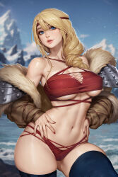  astrid_hofferson blonde_hair blue_eyes blue_thighhighs blurry blurry_background breasts brown_jacket circlet crop_top english_commentary female fishnets fur-trimmed_jacket fur_trim hands_on_own_hips highres how_to_train_your_dragon_(series) how_to_train_your_dragon_2 jacket long_hair midriff mixed-language_commentary navel neoartcore open_clothes open_jacket paid_reward_available panties parted_lips red_nails red_panties red_shirt shirt snow solo thai_commentary thighhighs torn_clothes torn_shirt underwear 