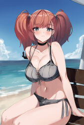  absurdres anchor_hair_ornament atlanta_(kancolle) atlanta_(swimsuit_mode)_(kancolle) beach bikini blue_sky breasts brown_hair day dimos_(dawn_1945) earrings female grey_bikini grey_eyes hair_ornament highres huge_breasts jewelry kantai_collection layered_bikini long_hair looking_at_viewer ocean outdoors side-tie_bikini_bottom sitting sky solo star_(symbol) star_earrings swimsuit two_side_up 