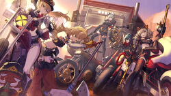  1boy 4girls black_gloves black_helmet black_jacket black_thighhighs blonde_hair breasts burnice_white caesar_king_(zenless_zone_zero) character_request crop_top eyewear_on_head fur-trimmed_jacket fur_trim gloves green_eyes hair_between_eyes helmet highres holding holding_weapon jacket large_breasts long_hair looking_at_viewer luciana_de_montefio midriff motor_vehicle multiple_girls navel one_eye_closed open_mouth outdoors piper_wheel red_eyes serious short_hair sidelocks sitting smile standing thighhighs weapon yakupan yellow_eyes yellow_gloves zenless_zone_zero 