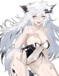  absurdres animal_ear_fluff animal_ears arknights breasts commentary female grey_eyes grey_tail hair_ornament hairclip highres lappland_(arknights) looking_at_viewer material_growth ohkurrva originium_arts_(arknights) oripathy_lesion_(arknights) penguin_logistics_(arknights) scar scar_across_eye scar_on_face see-through smile solo tail white_background wolf_ears wolf_girl wolf_tail 