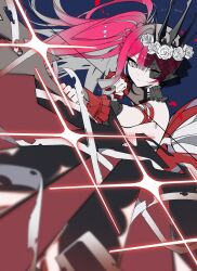  absurdres baobhan_sith_(fate) baobhan_sith_(swimsuit_pretender)_(fate) baobhan_sith_(swimsuit_pretender)_(third_ascension)_(fate) bare_shoulders blue_background bow bow_(weapon) detached_collar drawing_bow earrings fate/grand_order fate_(series) female flower grey_eyes hair_flower hair_ornament hana_soretsu highres holding holding_bow_(weapon) holding_weapon jewelry long_hair looking_at_viewer one_eye_closed pink_hair pointy_ears side_ponytail sidelocks solo tiara upper_body veil weapon wrist_cuffs 