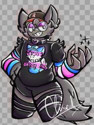  ambiguous_gender anthro apricot_(apricotisagirl) black_clothing black_shirt black_t-shirt black_topwear bottomwear canid canine canis circular_glasses closedexisted clothing collar fur glasses_on_face grey_body grey_fur grey_tail heart_symbol legwear lgbt_pride mammal pride_colors shirt shorts signature slightly_chubby solo spiked_collar spikes t-shirt tail thigh_highs topwear trans_(lore) trans_woman_(lore) transgender_pride_colors wolf 