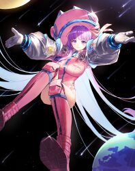  absurdres bb_cosmo_(fate) boots breasts commentary earth_(planet) fate/grand_order fate_(series) female hair_ribbon helmet highres kotobuki_nashiko large_breasts leotard long_hair pink_footwear pink_leotard planet purple_eyes purple_hair ribbon shooting_star space space_helmet very_long_hair zipper zipper_pull_tab 