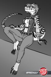  anthro anthrosaurs belt bottomwear breasts cleavage cleavage_cutout clothed clothing countershade_face countershade_feet countershade_tail countershading cutout denim denim_bottomwear denim_clothing dinosaur feet female greyscale hand_on_leg hand_on_thigh hi_res hybrid jeans leaning leaning_backward looking_at_viewer markings monochrome navel non-mammal_breasts one_leg_up pants plantigrade predaguy prehistoric_species raised_leg reptile scalie sitting sitting_on_ledge solo striped_body striped_markings striped_tail stripes tail tail_markings theropod tight_bottomwear tight_clothing tight_pants tight_topwear topwear tyrannosaurid tyrannosauroid tyrannosaurus tyrannosaurus_rex 