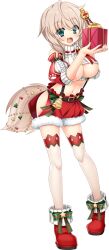  :3 bare_shoulders bell blush boots breasts bursting_breasts christmas christmas_present detached_sleeves dog_tail female full_body gift green_eyes hair_ornament holding holding_gift katagiri_hinata large_breasts light_brown_hair maeda_matazaemon_wanko_toshie navel oerba_yun_fang open_mouth ribbon sengoku_koihime short_hair smile solo standing tail thighhighs thighs transparent_background underboob zettai_ryouiki 