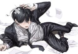  1boy absurdres black_footwear black_hair black_jacket black_necktie black_socks black_suit blush chamuring collared_shirt embarrassed fallen_down full_body furrowed_brow grey_eyes han_maru hand_in_own_hair hand_on_floor hand_on_own_head highres jacket lower_teeth_only lying male_focus necktie oerba_yun_fang on_floor on_side one_eye_closed open_clothes open_jacket open_mouth paper shirt short_hair sideways_glance simple_background small_pupils socks solo special_civil_servant suit sweatdrop teardrop teeth white_background white_shirt 