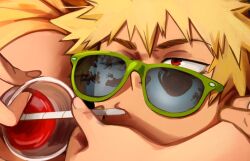  1boy 2others bakugou_katsuki blonde_hair boku_no_hero_academia car character_request commentary cup disposable_cup drink drinking_straw drinking_straw_in_mouth english_commentary female grin highres holding holding_cup khyle. lap_pillow looking_up medium_hair motor_vehicle multiple_others navel one_eye_closed red_eyes reflection short_hair smile solo_focus spiked_hair sunglasses swimsuit teeth uraraka_ochako 