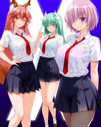  3girls animal_ear_fluff animal_ears blue_skirt blush breasts collared_shirt dragon_girl dragon_horns engo_(aquawatery) fate/grand_order fate_(series) fox_ears fox_girl fox_tail green_hair hair_between_eyes hair_over_one_eye highres horns kiyohime_(fate) large_breasts long_hair looking_at_viewer mash_kyrielight multiple_girls necktie one_eye_closed pink_hair pleated_skirt purple_eyes purple_hair shirt short_hair short_sleeves sidelocks skirt smile tail tamamo_(fate) tamamo_no_mae_(fate/extra) thighs white_shirt yellow_eyes 