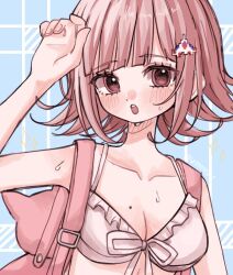  :o animal_bag backpack bag bikini blue_background blush breasts brown_hair cat_bag danganronpa_(series) danganronpa_2:_goodbye_despair female flipped_hair hand_up highres medium_breasts medium_hair mole mole_on_breast mugi_cha_(mg_sbci) nanami_chiaki official_alternate_costume pink_bag pink_eyes solo sparkle sweat swimsuit upper_body white_background 