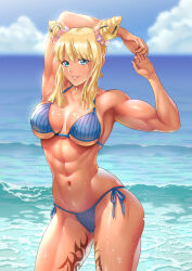  abs armpits arms_up becky_montanari bikini blonde_hair blue_eyes breasts cloud ge_xi highres large_breasts leg_tattoo levasol_defense_corps looking_at_viewer muscular muscular_female muscular_male ocean ponytail standing swimsuit tattoo witch witches_in_7th_base 