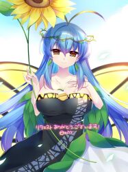  aged_up antennae between_breasts blue_hair breasts brown_eyes butterfly_wings cleavage closed_mouth collarbone dress eternity_larva eternity_larva_(the_butterfly_fairy_who_approached_god) female flower hand_on_own_chest happy head_wreath holding holding_flower insect_wings kujou_mikuru large_breasts leaf long_hair smile solo strapless strapless_dress sunflower touhou touhou_lostword very_long_hair wings 