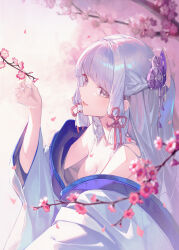  absurdres bare_shoulders blue_hair blue_kimono blunt_tresses breasts cherry_blossoms commentary_request convenient_censoring female flower from_side genshin_impact grey_eyes hair_ornament hair_ribbon hand_up highres japanese_clothes kamisato_ayaka kimono light_blue_hair long_hair long_sleeves loose_kimono off_shoulder open_mouth pink_flower ribbon siro_joon smile solo tree tress_ribbon upper_body very_long_hair wide_sleeves 