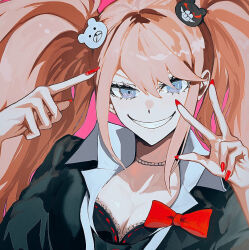  bear_hair_ornament black_shirt blonde_hair blue_eyes blush bow breasts choker cleavage danganronpa:_trigger_happy_havoc danganronpa_(series) enoshima_junko female grin hair_ornament large_breasts long_hair looking_at_viewer mirina39 nail_polish necktie pointing pointing_at_self red_bow red_nails shirt smile solo teeth twintails w 