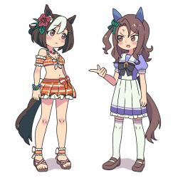  2girls animal_ears bikini breasts brown_hair cleavage clenched_hand closed_mouth collarbone flower full_body hair_flower hair_ornament horse_ears horse_girl insignificant_plankton king_halo_(umamusume) medium_hair multiple_girls official_alternate_costume pointing pointing_at_another school_uniform special_week_(hopping_vitamin_heart)_(umamusume) special_week_(umamusume) standing sweat swimsuit tracen_school_uniform umamusume white_background 