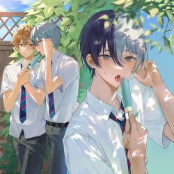  2boys absurdres aoyagi_touya arm_around_waist arm_up belt black_belt black_pants blue_eyes blue_hair blue_sky cloud collared_shirt commentary couple curled_fingers feeding fence food gaech0 hair_between_eyes highres holding holding_food holding_hands hot leaf looking_at_another male_focus multicolored_hair multicolored_necktie multiple_boys necktie open_mouth orange_hair pants popsicle project_sekai saliva shinonome_akito shirt sideways_glance sky split-color_hair streaked_hair summer sweat sweatdrop symbol-only_commentary tree white_shirt wing_collar yaoi 