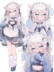  animal_ear_fluff animal_ears apron belt black_dress black_footwear black_hairband blue_eyes blue_jacket blush breasts cat_ears cat_girl cat_tail closed_mouth collarbone commentary_request covering_own_mouth dress female frilled_apron frilled_hairband frills grey_hair hair_between_eyes hairband hands_up highres jacket long_hair long_sleeves loose_socks maid multiple_views off_shoulder open_clothes open_jacket original parted_lips puffy_long_sleeves puffy_sleeves ringouulu shoes simple_background sleeves_past_fingers sleeves_past_wrists small_breasts socks tail thigh_belt thigh_strap translation_request very_long_hair white_apron white_background white_socks 