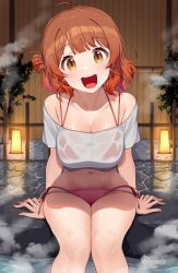  ahoge arm_support armpits bare_legs bare_shoulders bikini bikini_under_clothes blush breasts brown_hair cleavage collarbone feet_out_of_frame female fingernails gakuen_idolmaster gradient_hair hair_bun hanami_ume highres idolmaster kamille_(vcx68) medium_breasts multicolored_hair navel off-shoulder_shirt off_shoulder onsen orange_hair shirt side-tie_bikini_bottom single_side_bun sitting smile solo steam stomach string_bikini swimsuit teeth upper_teeth_only wet wet_clothes wet_shirt white_shirt wooden_wall 