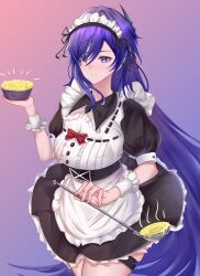  acheron_(honkai:_star_rail) aiyawai_(ayw) alternate_costume apron black_dress bow cowboy_shot dress enmaided female gradient_background highres holding holding_ladle honkai:_star_rail honkai_(series) ladle long_hair maid maid_headdress parted_lips pink_background puffy_short_sleeves puffy_sleeves purple_background purple_eyes purple_hair red_bow short_sleeves solo standing thigh_strap very_long_hair white_apron 