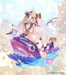  bikini binoculars bird blonde_hair blue_eyes female full_body hat high_heels innertube kukuri_(shinobi_nightmare) looking_at_viewer neckerchief no_socks ocean official_alternate_costume official_art open_mouth outdoors sailor_bikini sailor_collar sandals seagull shinobi_nightmare smile swim_ring swimsuit teeth upper_teeth_only white_bikini yellow_neckerchief 