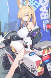  absurdres animal_ear_fluff animal_ears bare_shoulders bilibili_xiaolu black_jacket blonde_hair blue_archive blue_eyes blue_halo breasts carrying carrying_under_arm commentary_request dog_ears dog_girl earpiece female halo helm helmet highres jacket kanna_(blue_archive) kanna_(swimsuit)_(blue_archive) large_breasts off_shoulder official_alternate_costume official_alternate_hairstyle on_motorcycle one-piece_swimsuit open_clothes open_jacket police_motorcycle ponytail swimsuit white_one-piece_swimsuit 