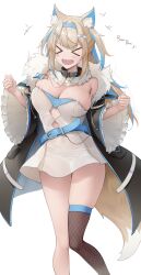  &gt;_&lt; absurdres animal_ears belt belt_buckle black_collar blonde_hair blue_belt blue_hair blue_hairband bouncing_breasts breasts buckle collar cutout_above_navel dog_ears dog_girl dog_tail dress english_commentary facing_viewer female fishnet_thighhighs fishnets frilled_sleeves frills fur-trimmed_jacket fur_trim fuwawa_abyssgard fuwawa_abyssgard_(1st_costume) hairband highres hololive hololive_english horn_hairband jacket long_hair long_sleeves multicolored_hair oerba_yun_fang open_clothes open_jacket open_mouth short_dress simple_background single_fishnet_legwear single_thighhigh skindentation smile solo somebody_(leiking00) strapless strapless_dress streaked_hair tail thighhighs thighs virtual_youtuber white_background white_dress wide_sleeves 