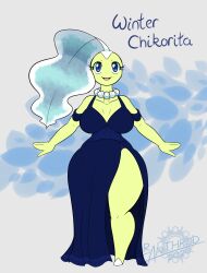  2020 anthro artist_name blue_eyes blue_text breasts chikorita clothed clothing digital_media_(artwork) dress english_text eyelashes female fingers generation_2_pokemon hi_res latiar looking_at_viewer nintendo number open_mouth pokemon pokemon_(species) simple_background solo standing text tongue white_sclera wide_hips 