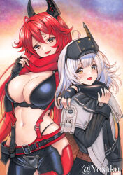  2girls black_gloves blush breasts cleavage cloak commentary_request cowboy_shot cropped_jacket fingerless_gloves gloves goddess_of_victory:_nikke hair_between_eyes hair_flaps head-mounted_display highres horns jacket large_breasts leather leather_jacket long_hair long_sleeves looking_at_viewer marker_(medium) mechanical_horns multiple_girls navel open_mouth red_hair red_hood_(nikke) red_scarf scarf sidelocks smile snow_white_(nikke) standing stomach traditional_media visor_(armor) white_cloak white_hair yellow_eyes yosaku_vs_hina 