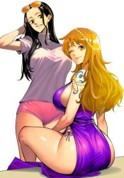  2girls absurdres ass black_hair breasts dress formal highres jewelry large_breasts long_hair looking_at_viewer multiple_girls nadainishi nami_(one_piece) nico_robin one_eye_closed one_piece orange_eyes orange_hair shorts smile sunglasses 