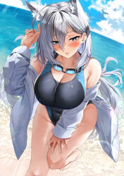  animal_ear_fluff animal_ears bare_shoulders beach black_one-piece_swimsuit blue_archive blue_eyes blue_one-piece_swimsuit blue_sky blush breasts cleavage collarbone covered_navel cross_hair_ornament extra_ears female goggles grey_hair hair_ornament halo highleg highleg_one-piece_swimsuit highres kawai_(purplrpouni) large_breasts long_hair long_sleeves looking_at_viewer multicolored_clothes multicolored_swimsuit off_shoulder one-piece_swimsuit shiroko_(blue_archive) shiroko_(swimsuit)_(blue_archive) shiroko_terror_(blue_archive) shirt shore sidelocks sky solo swimsuit thighs white_shirt wolf_ears 