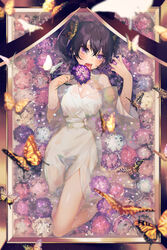  afloat asagi_yuna bare_shoulders barefoot black_hair blue_flower breasts bug butterfly butterfly_hair_ornament cleavage collarbone commentary_request female flower from_above grey_kimono hair_ornament head_tilt highres holding holding_flower japanese_clothes kimono long_sleeves lying medium_breasts off_shoulder on_back open_mouth original purple_eyes purple_flower sharp_teeth shiny_skin short_hair short_twintails solo swallowtail_butterfly teeth tongue tongue_out twintails water wide_sleeves 