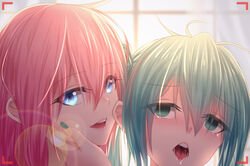  2girls :d ahe_gao blank_eyes blue_eyes close-up commentary empty_eyes geduan green_eyes green_hair green_nails hair_between_eyes hatsune_miku highres lens_flare long_hair megurine_luka multiple_girls nail_polish open_mouth orgasm pink_hair saliva saliva_trail smile tears twintails vocaloid yuri 