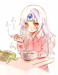  blowing blowing_on_food blush chopsticks code:_nemesis_(elsword) commentary_request eating elsword eve_(elsword) facial_mark female food forehead_jewel holding holding_chopsticks long_hair noodles partial_commentary track_suit turtle wanko_(takohati8) white_hair yellow_eyes 