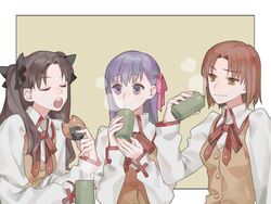  3girls black_bow bow bowtie brown_hair buttons closed_eyes commentary_request cup eating fate/stay_night fate_(series) hairbow holding holding_cup homurahara_academy_school_uniform long_sleeves matou_sakura mitsuzuri_ayako multiple_girls open_mouth orange_eyes purple_eyes purple_hair red_ribbon ribbon sara_(kurome1127) school_uniform shirt tohsaka_rin two_side_up upper_body vest white_shirt 