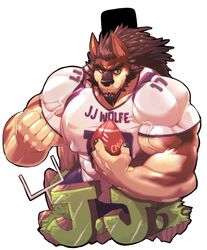  abs american_football anthro athletic ball beard biceps big_muscles bottomwear brown_hair brown_nose canid canine canis clothing competition_number cursedmarked dirt domestic_dog facial_hair fingernails flexing grass green_eyes gridiron_ball hair hi_res holding_ball holding_object huge_muscles hyper hyper_muscles jersey letters looking_at_viewer male mammal manly mature_anthro mature_male muscular muscular_anthro muscular_male nails nipple_outline nipples number number_on_clothing number_on_jersey number_on_topwear number_print pants pecs plant pose print_clothing print_jersey print_topwear shirt simple_background smile solo sport standing text text_on_clothing text_on_jersey text_on_topwear text_print topwear vein 