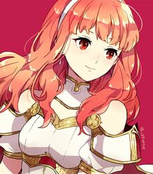  celica_(fire_emblem) closed_mouth commentary_request detached_collar earrings female fire_emblem fire_emblem_echoes:_shadows_of_valentia guttary hairband jewelry long_hair red_background red_eyes red_hair simple_background smile solo twitter_username upper_body white_hairband 