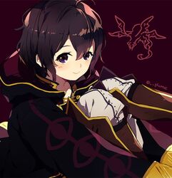  black_hair closed_mouth commentary_request female fire_emblem fire_emblem_awakening grima_(fire_emblem) guttary hood hood_down knees_up long_sleeves morgan_(female)_(fire_emblem) morgan_(fire_emblem) purple_eyes short_hair simple_background smile solo twitter_username 