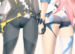  2girls 92m ass ass_focus beige_background bodysuit bracelet braid close-up commentary_request holding_hands honkai_(series) honkai_impact_3rd jewelry kallen_kaslana kallen_kaslana_(ritual_imayoh) long_hair lower_body multiple_girls pink_hair short_shorts shorts simple_background single_braid single_thighhigh thighhighs white_hair white_legwear yae_sakura yae_sakura_(goushinnso_memento) yuri 