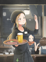  3girls alcohol apron ari_hinoko arm_up bandana beer beer_mug black_apron black_shirt blonde_hair blue_eyes blue_hair brown_hair commentary cup deko_(kamemaru) dinosaur food fruit holding holding_tray imouto_(kamemaru) indoors lemon long_hair long_sleeves meat mug multiple_girls name_tag original overalls parsley pen ponytail red_scarf restaurant sanpaku scarf shirt short_hair short_sleeves sidelocks sitting sleeveless sleeves_pushed_up solo_focus standing sweat tray uniform upper_body waist_apron waitress white_shirt working yakiniku yellow_eyes 